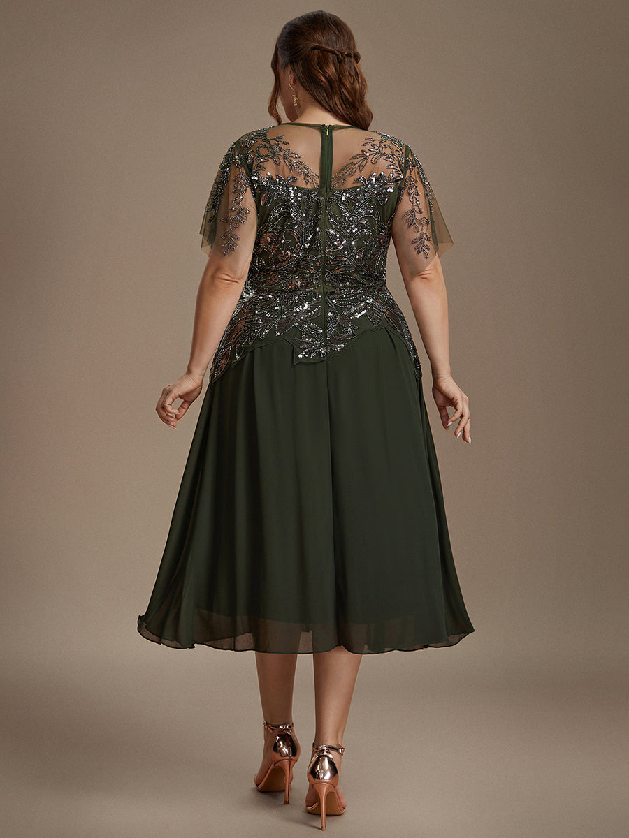 Robe midi A ligne à manches courtes en sequins avec col rond et volants #Couleur_Vert Olive