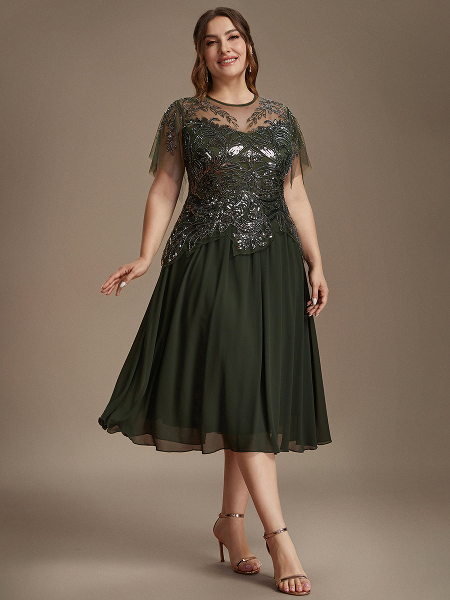 Robe midi A ligne à manches courtes en sequins avec col rond et volants #Couleur_Vert Olive