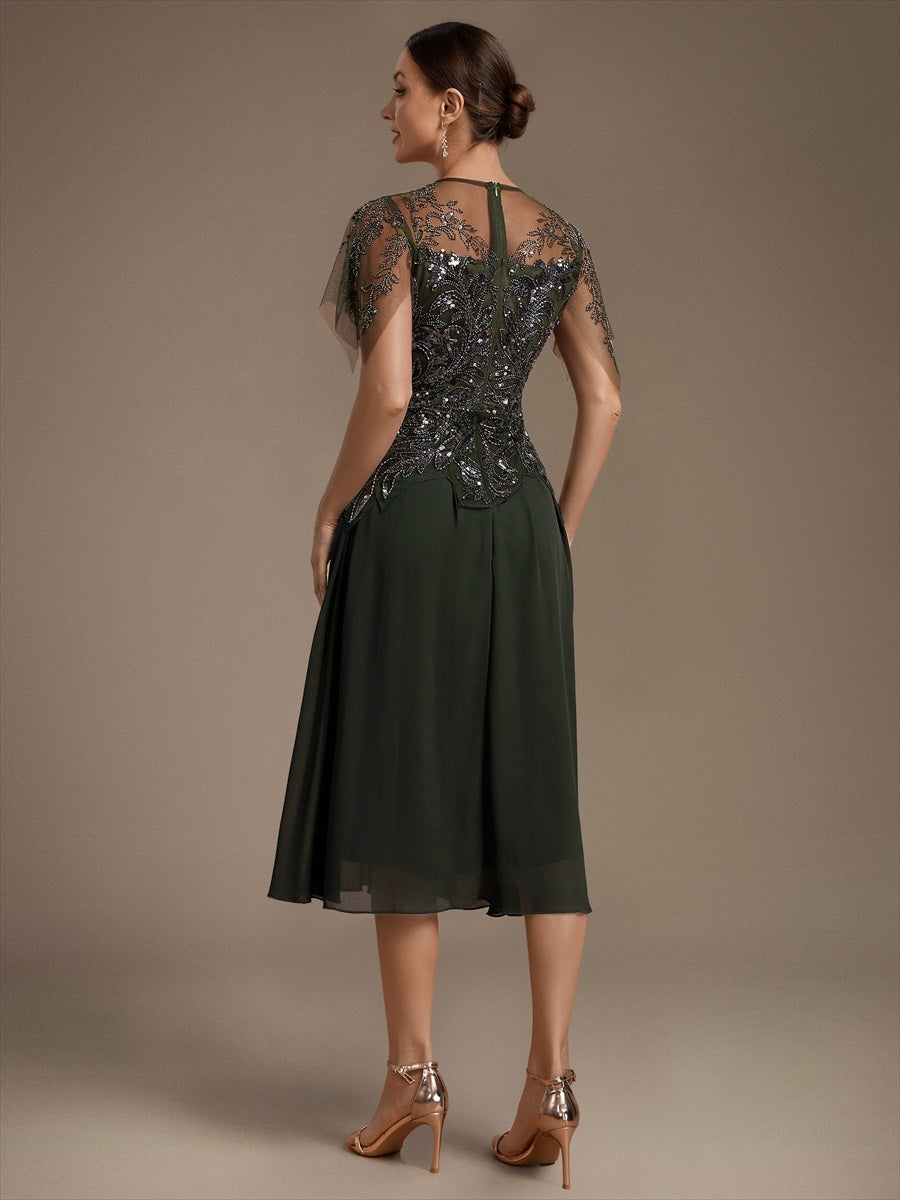 Robe midi A ligne à manches courtes en sequins avec col rond et volants #Couleur_Vert Olive