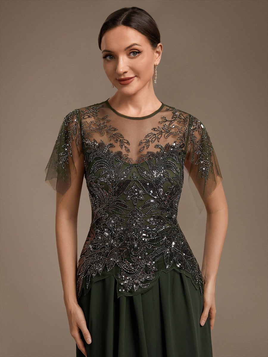 Robe midi A ligne à manches courtes en sequins avec col rond et volants #Couleur_Vert Olive