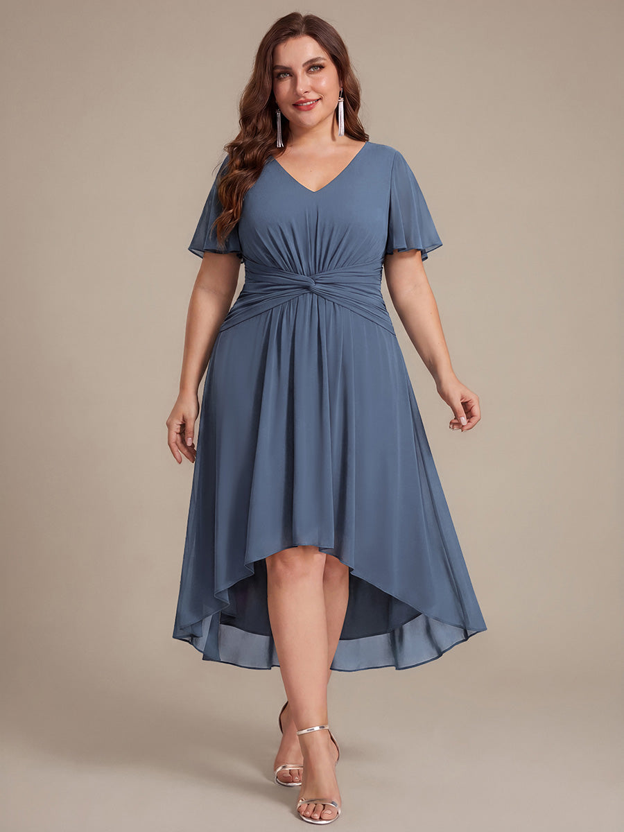 robe Aline ¨¤ manches courtes en V avec ourlet asym¨¦trique et manches volantes fermeture ¨¦clair au dos #Couleur_Marine Fume