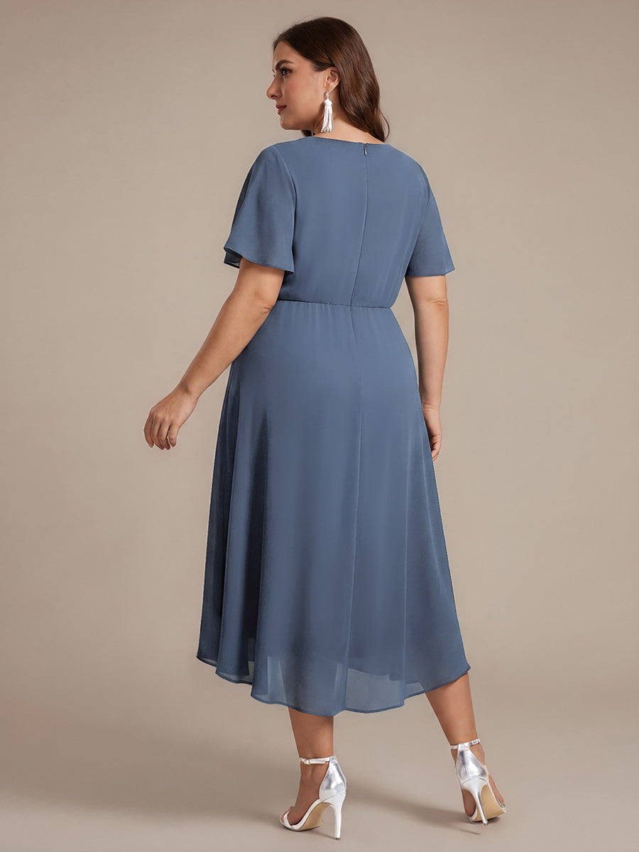 robe Aline ¨¤ manches courtes en V avec ourlet asym¨¦trique et manches volantes fermeture ¨¦clair au dos #Couleur_Marine Fume