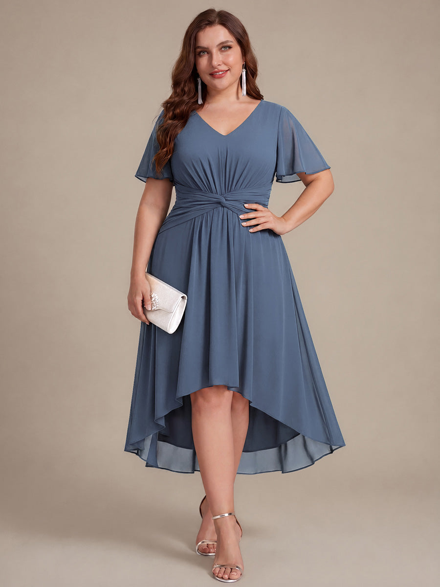 robe Aline ¨¤ manches courtes en V avec ourlet asym¨¦trique et manches volantes fermeture ¨¦clair au dos #Couleur_Marine Fume