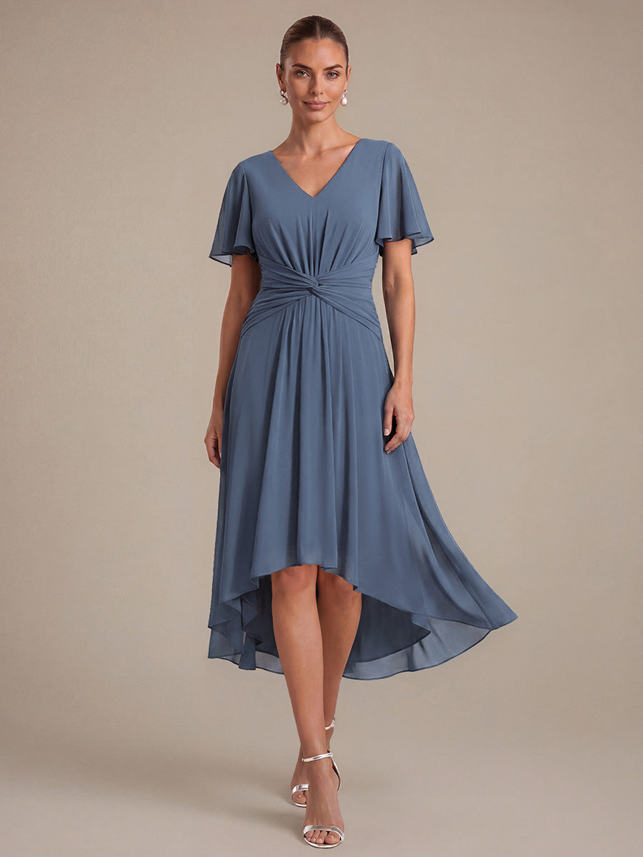 robe Aline ¨¤ manches courtes en V avec ourlet asym¨¦trique et manches volantes fermeture ¨¦clair au dos #Couleur_Marine Fume