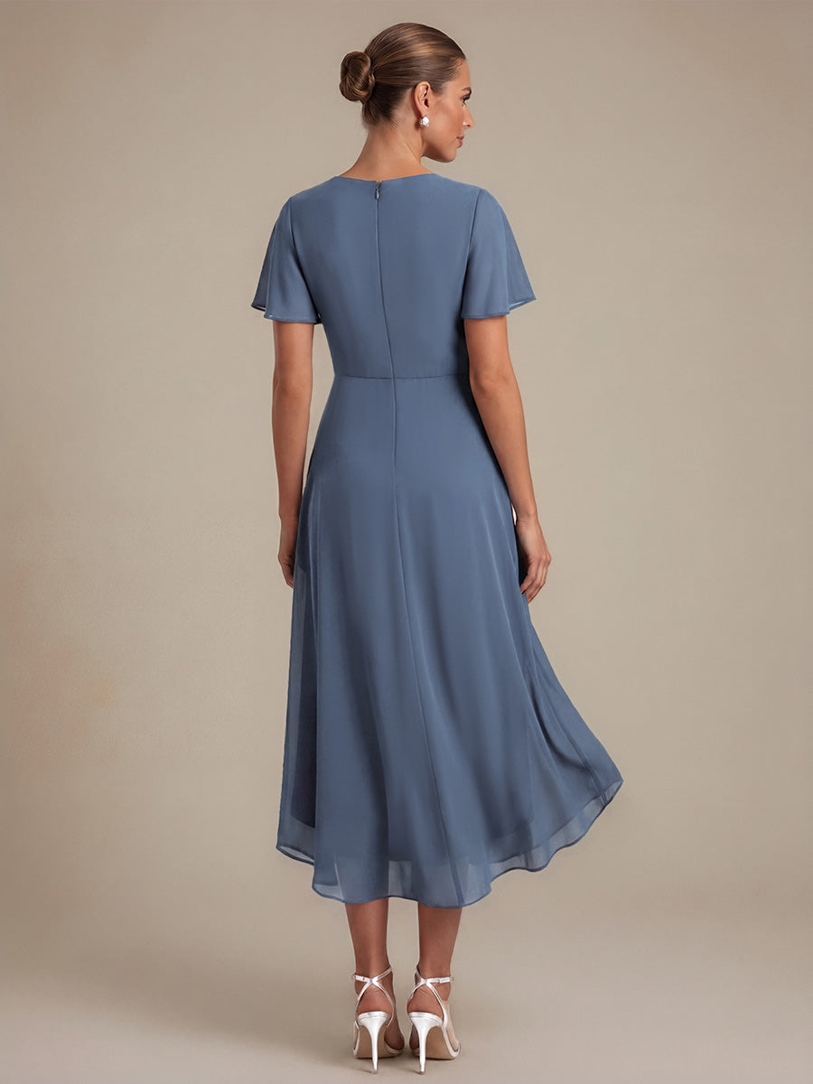 robe Aline ¨¤ manches courtes en V avec ourlet asym¨¦trique et manches volantes fermeture ¨¦clair au dos #Couleur_Marine Fume