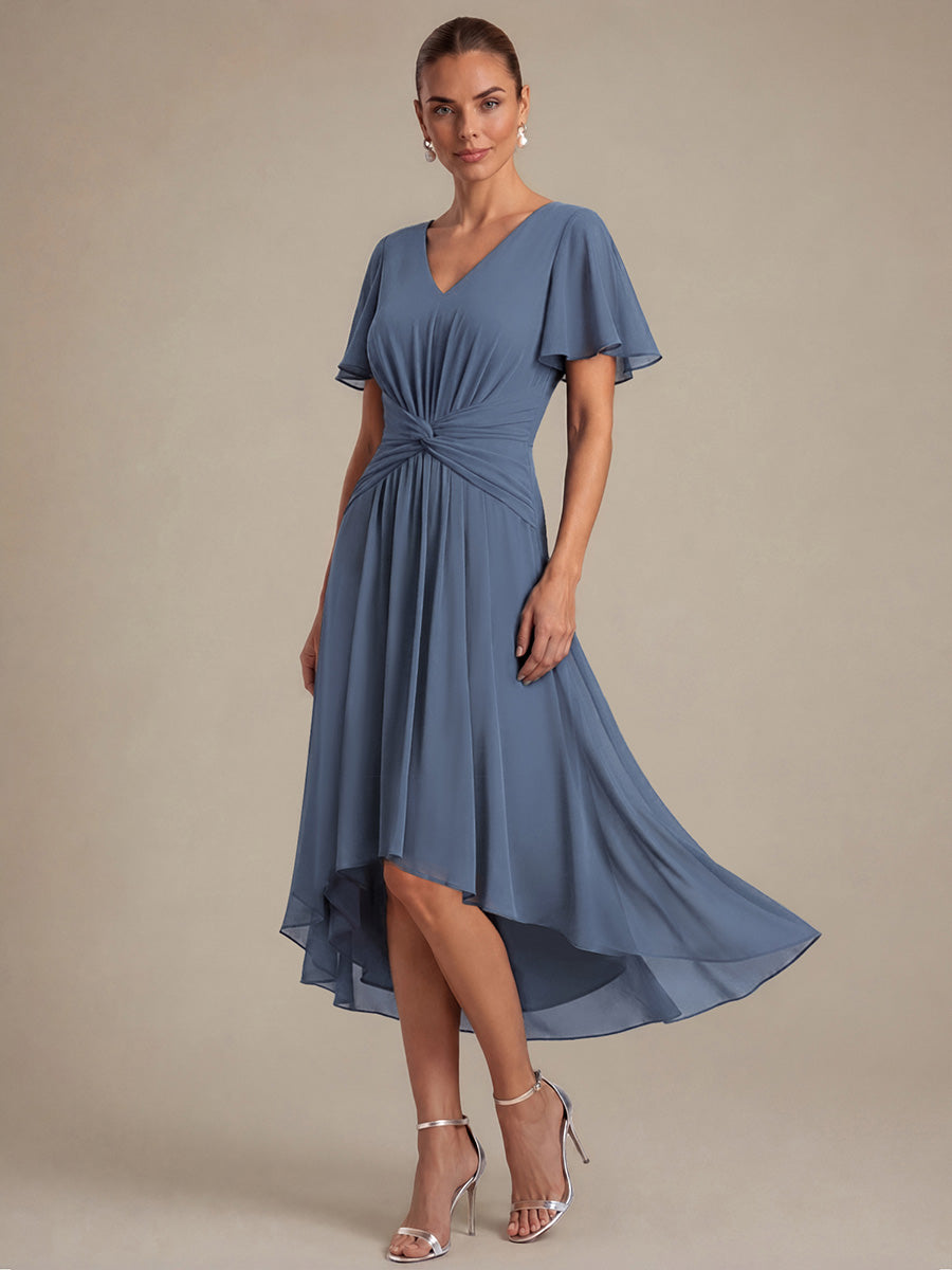 robe Aline ¨¤ manches courtes en V avec ourlet asym¨¦trique et manches volantes fermeture ¨¦clair au dos #Couleur_Marine Fume