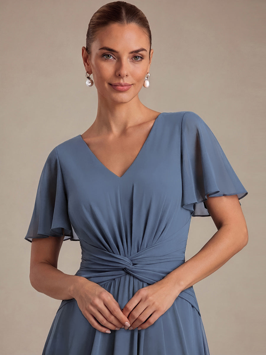 robe Aline ¨¤ manches courtes en V avec ourlet asym¨¦trique et manches volantes fermeture ¨¦clair au dos #Couleur_Marine Fume