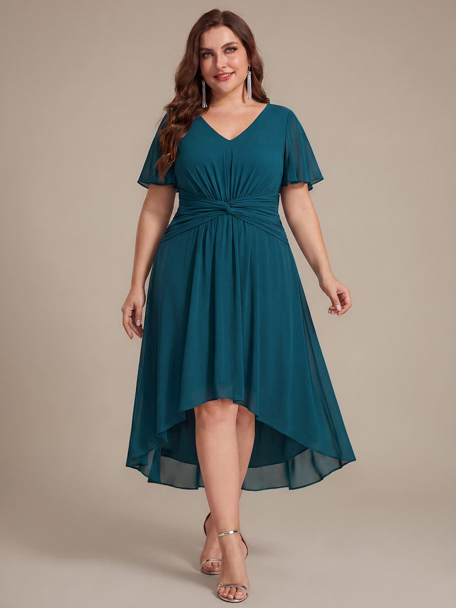 robe Aline ¨¤ manches courtes en V avec ourlet asym¨¦trique et manches volantes fermeture ¨¦clair au dos #Couleur_Bleu Sarcelle