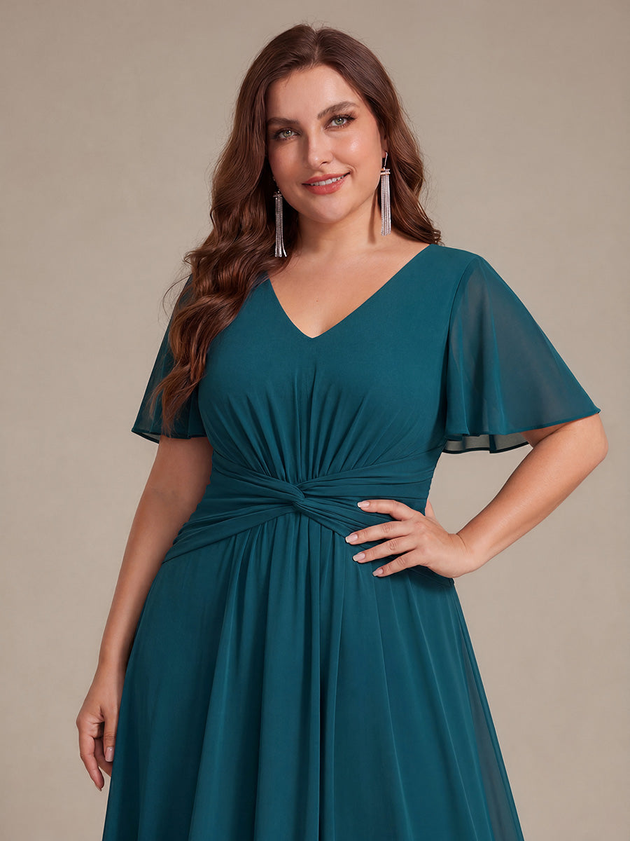 robe Aline ¨¤ manches courtes en V avec ourlet asym¨¦trique et manches volantes fermeture ¨¦clair au dos #Couleur_Bleu Sarcelle