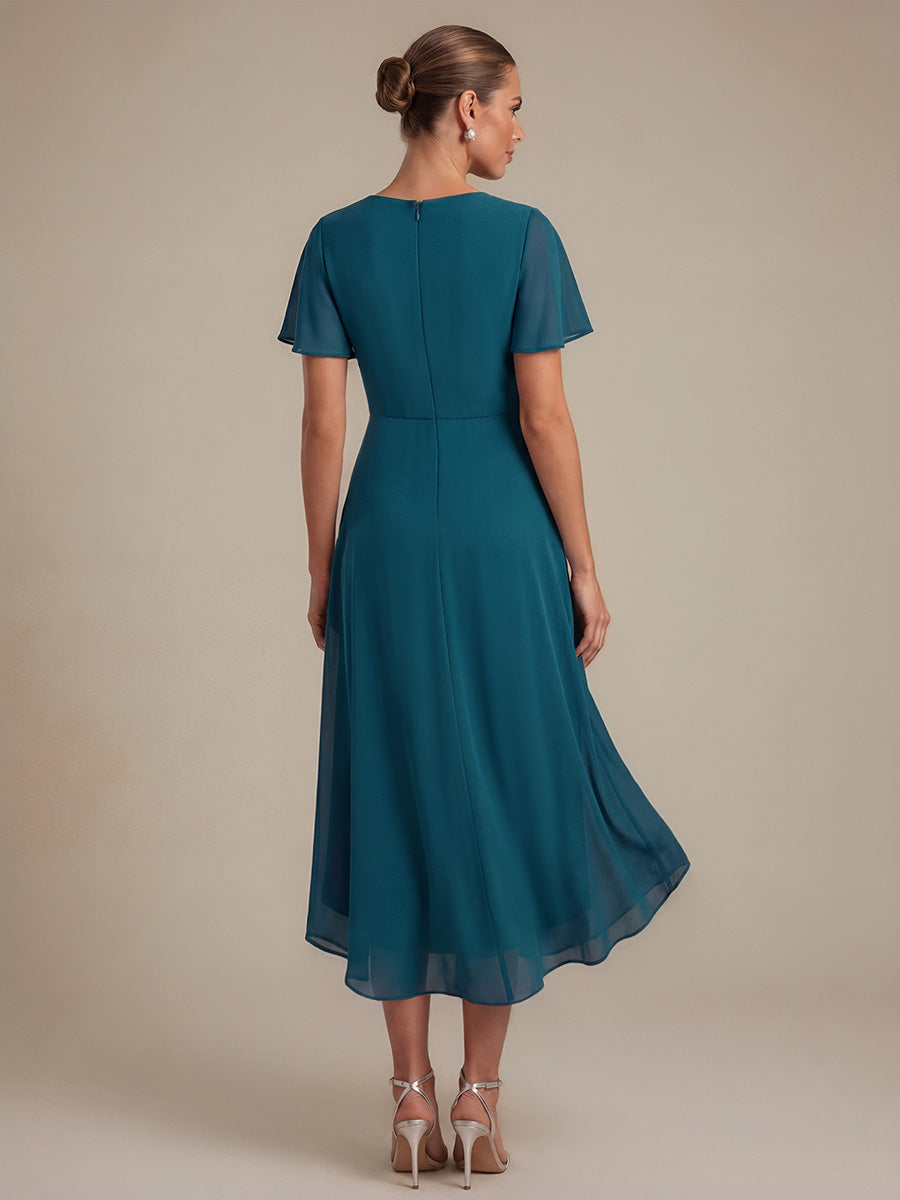 robe Aline ¨¤ manches courtes en V avec ourlet asym¨¦trique et manches volantes fermeture ¨¦clair au dos #Couleur_Bleu Sarcelle
