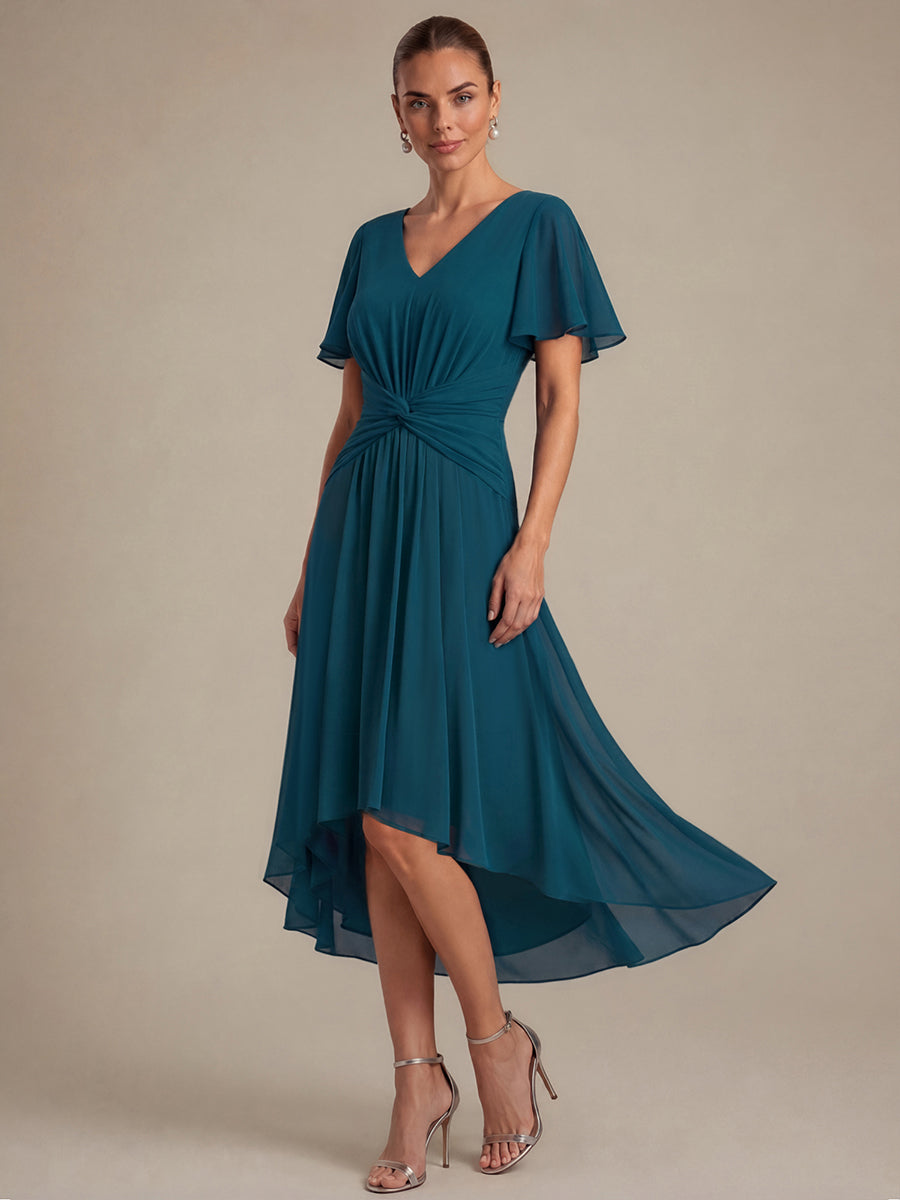 robe Aline ¨¤ manches courtes en V avec ourlet asym¨¦trique et manches volantes fermeture ¨¦clair au dos #Couleur_Bleu Sarcelle