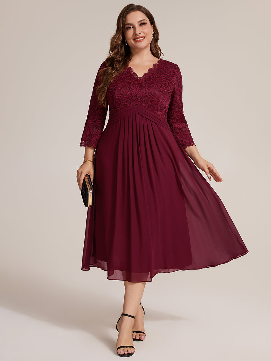 robe midi bodycon à manches trois quarts et décolleté en V avec fermeture éclair au dos #Couleur_Bordeaux