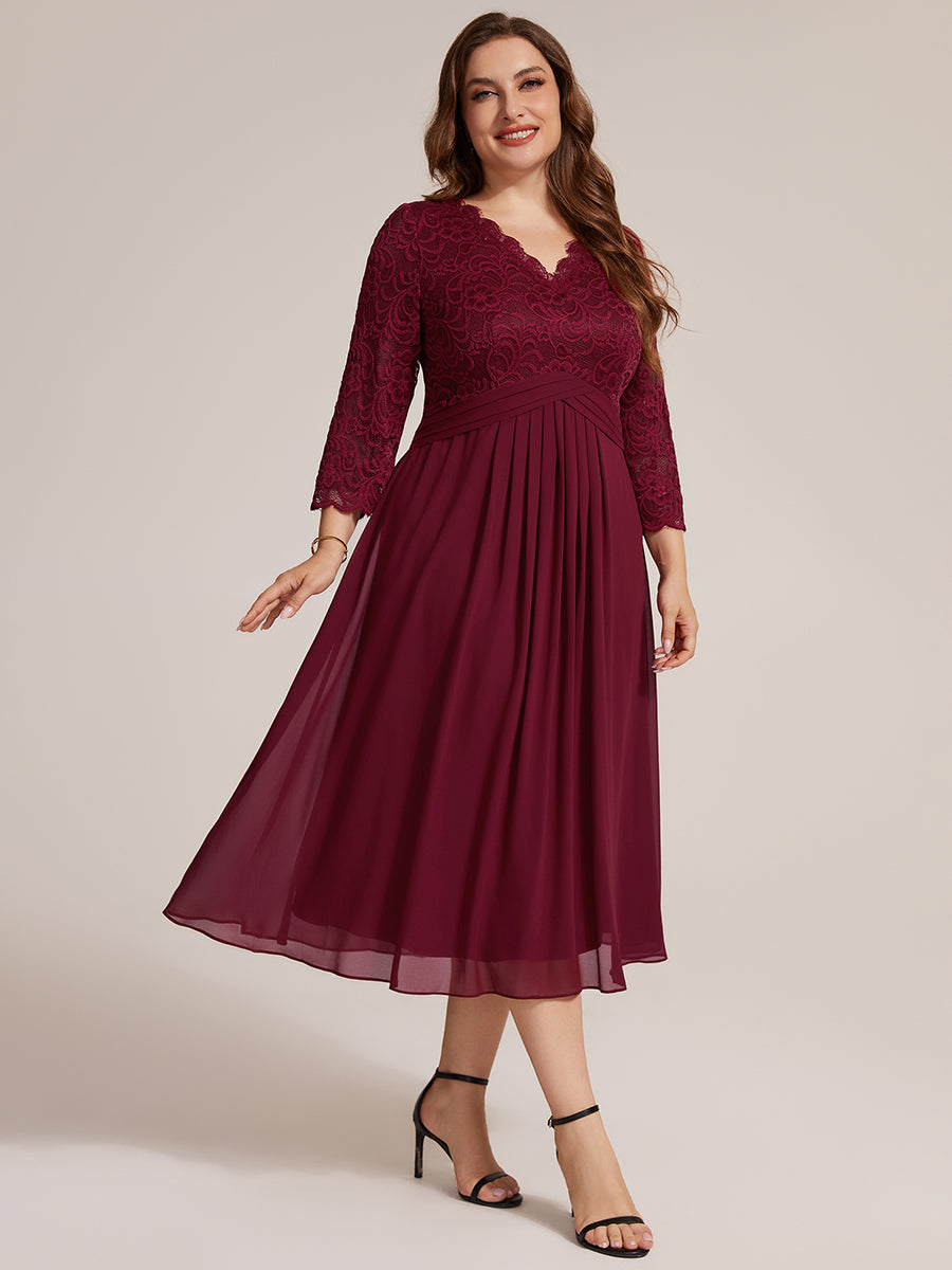robe midi bodycon à manches trois quarts et décolleté en V avec fermeture éclair au dos #Couleur_Bordeaux