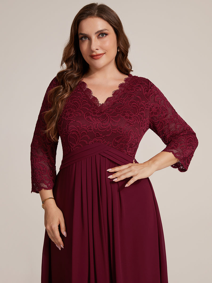 robe midi bodycon à manches trois quarts et décolleté en V avec fermeture éclair au dos #Couleur_Bordeaux