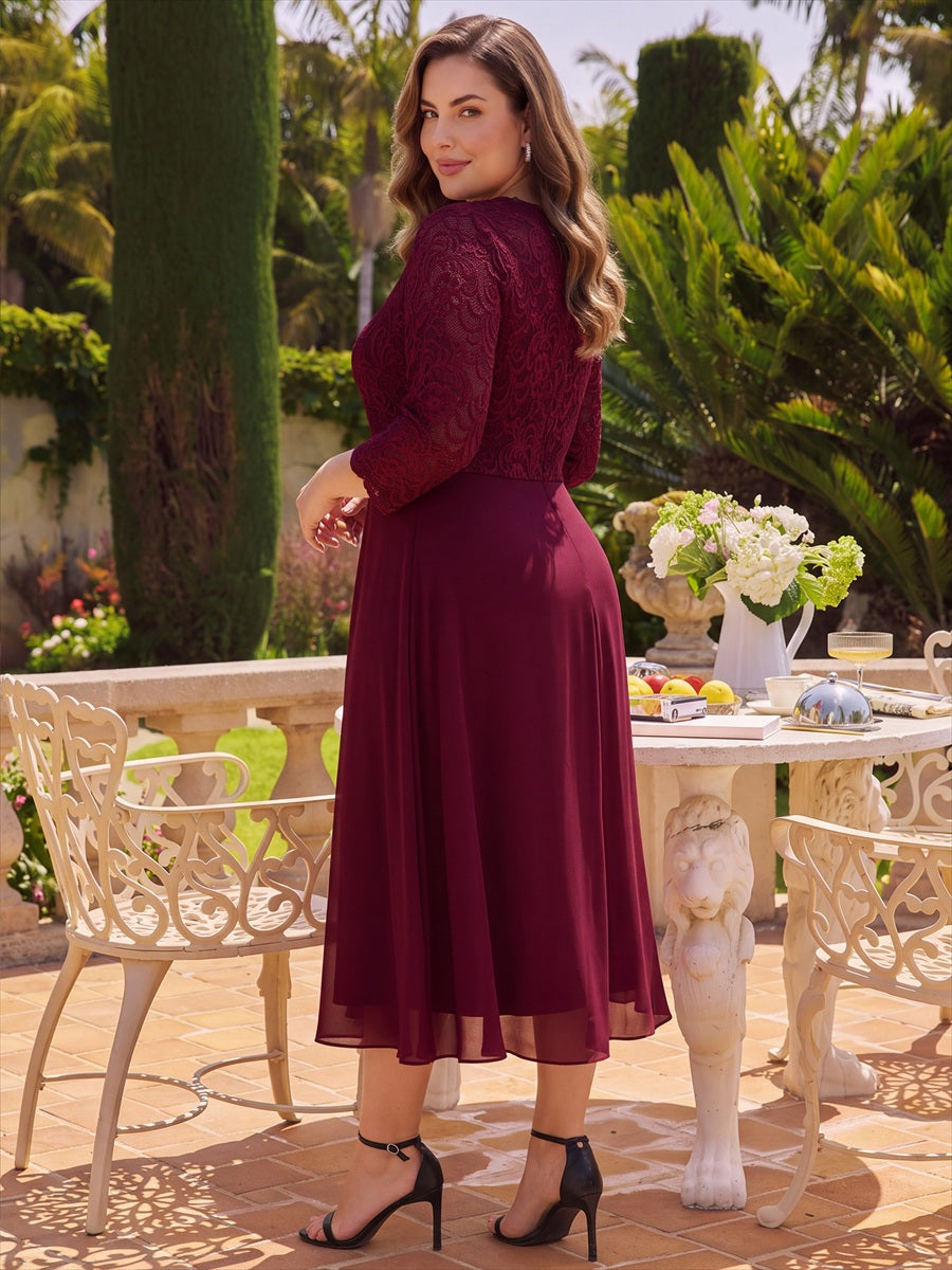 robe midi bodycon à manches trois quarts et décolleté en V avec fermeture éclair au dos #Couleur_Bordeaux