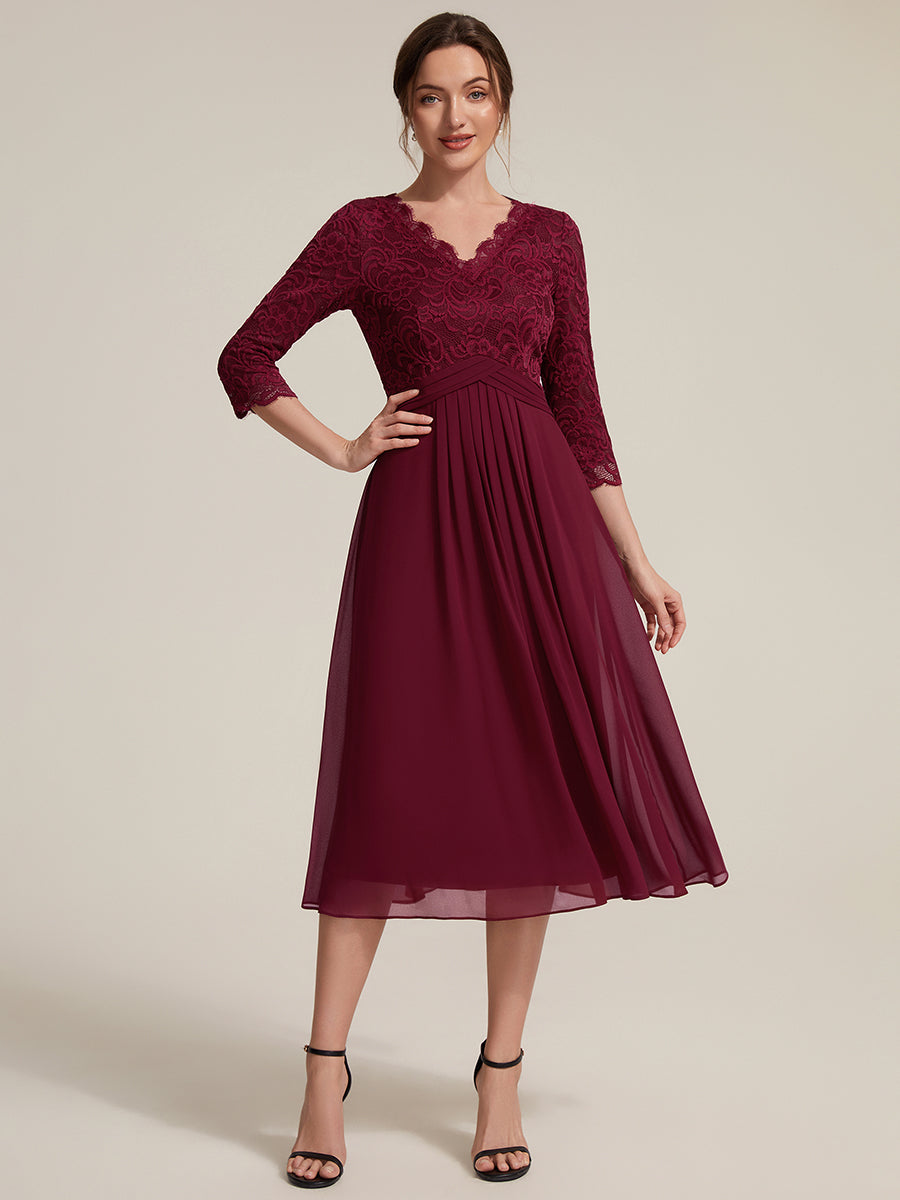 robe midi bodycon à manches trois quarts et décolleté en V avec fermeture éclair au dos #Couleur_Bordeaux