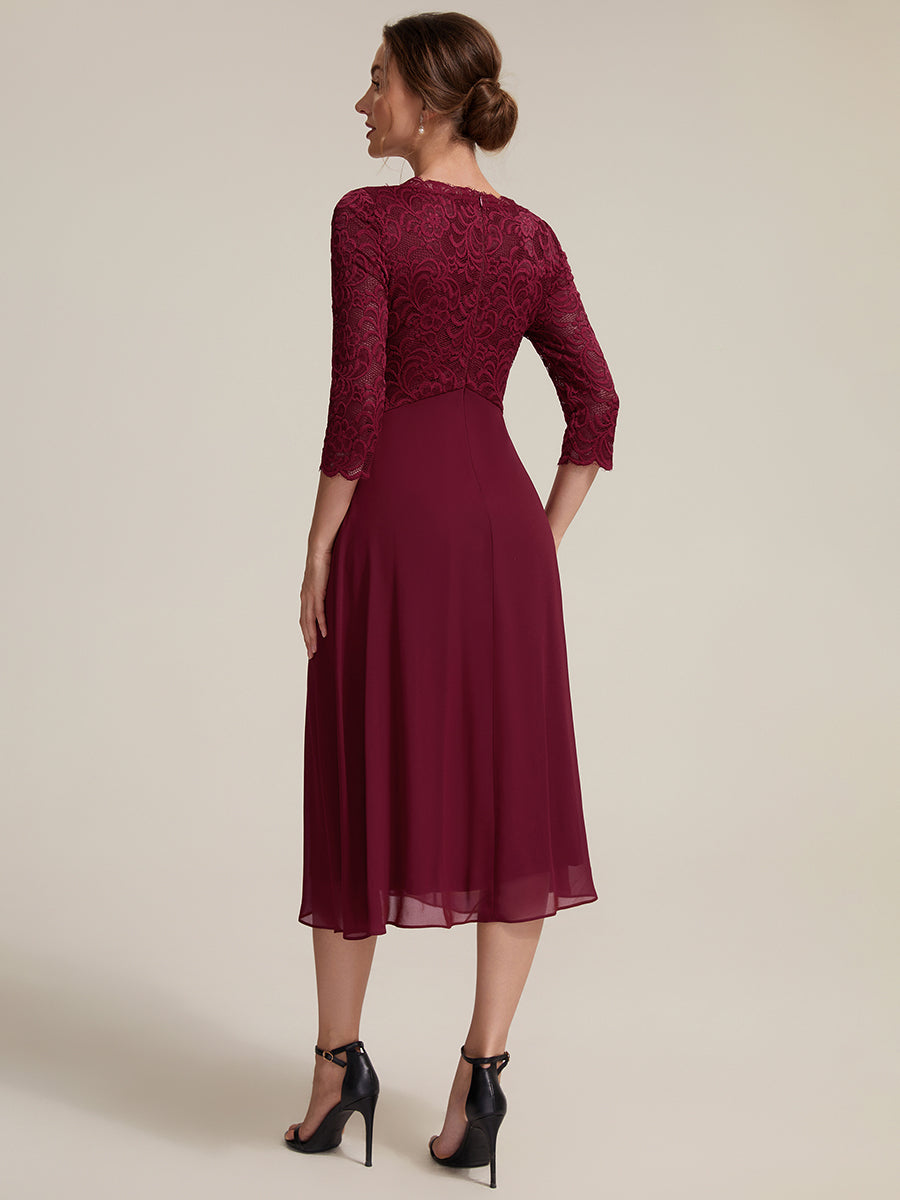 robe midi bodycon à manches trois quarts et décolleté en V avec fermeture éclair au dos #Couleur_Bordeaux