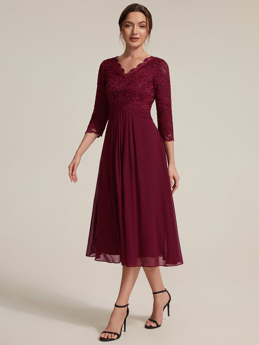 robe midi bodycon à manches trois quarts et décolleté en V avec fermeture éclair au dos #Couleur_Bordeaux