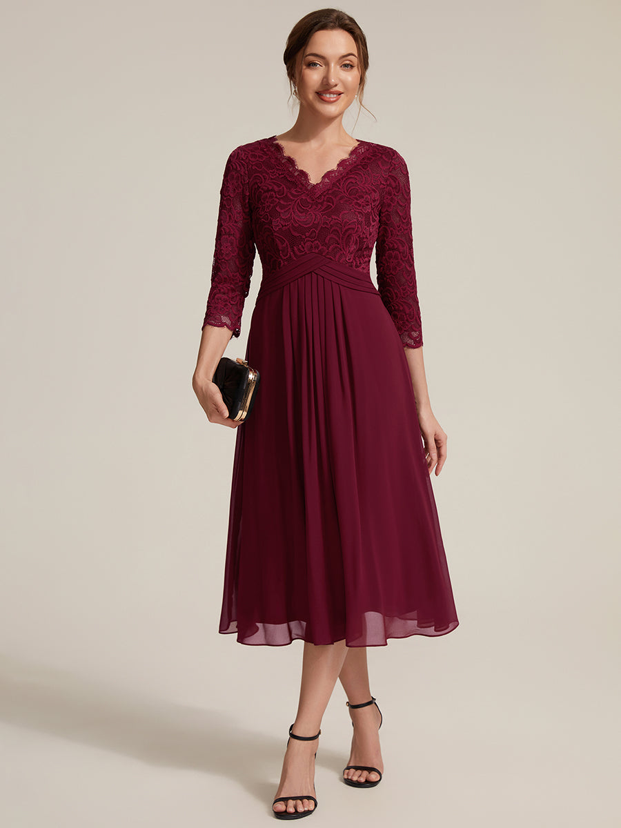 robe midi bodycon à manches trois quarts et décolleté en V avec fermeture éclair au dos #Couleur_Bordeaux