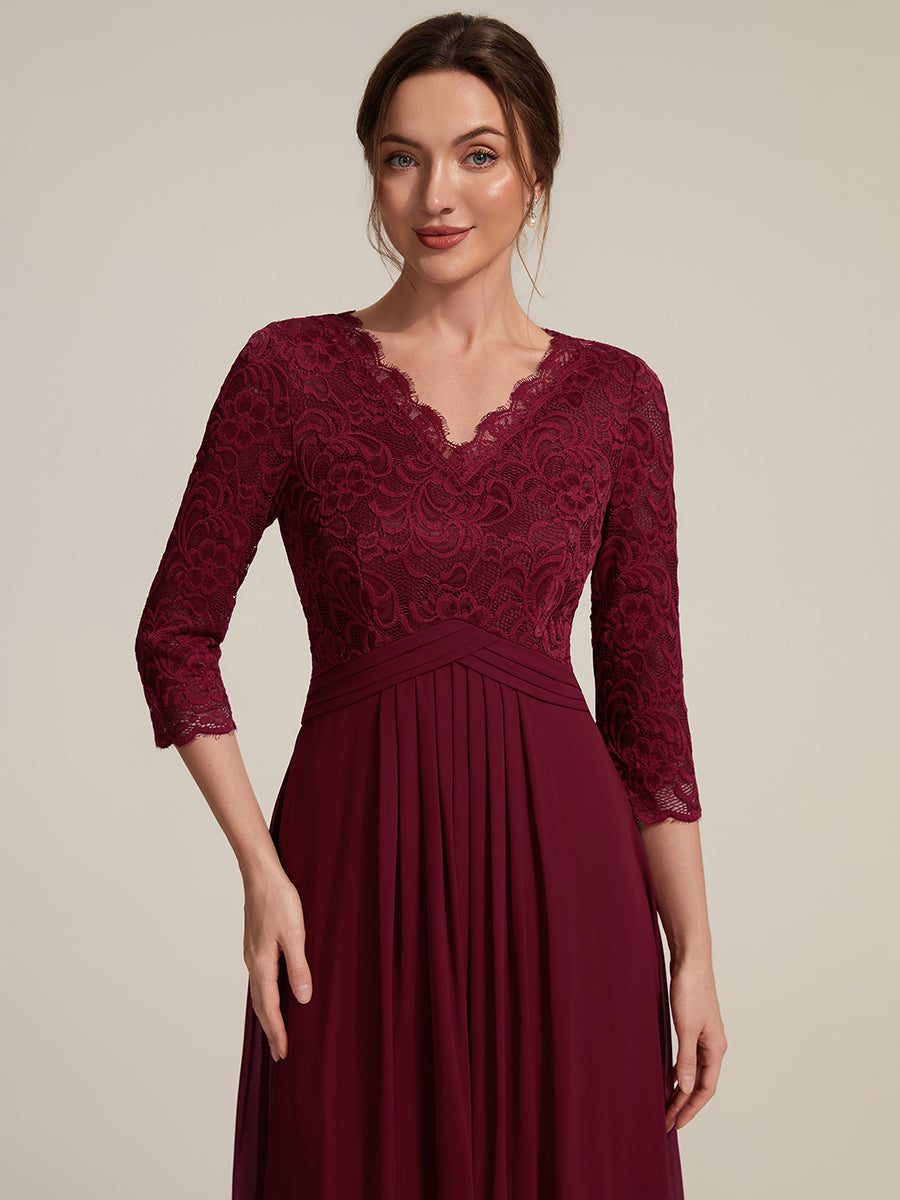 robe midi bodycon à manches trois quarts et décolleté en V avec fermeture éclair au dos #Couleur_Bordeaux
