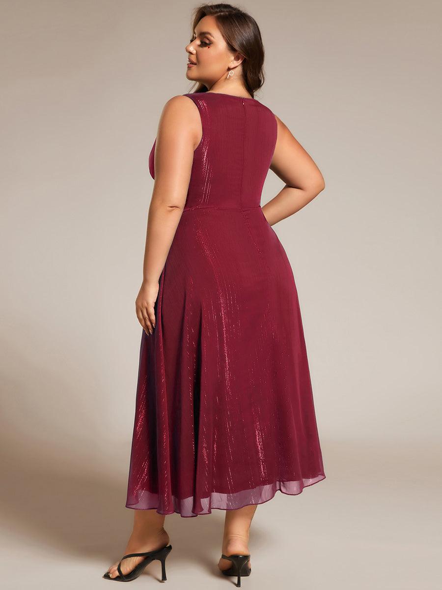 Robe d'invité de mariage scintillante sans manches avec nœud torsadé et ligne de feuille de lotus #Couleur_Bordeaux