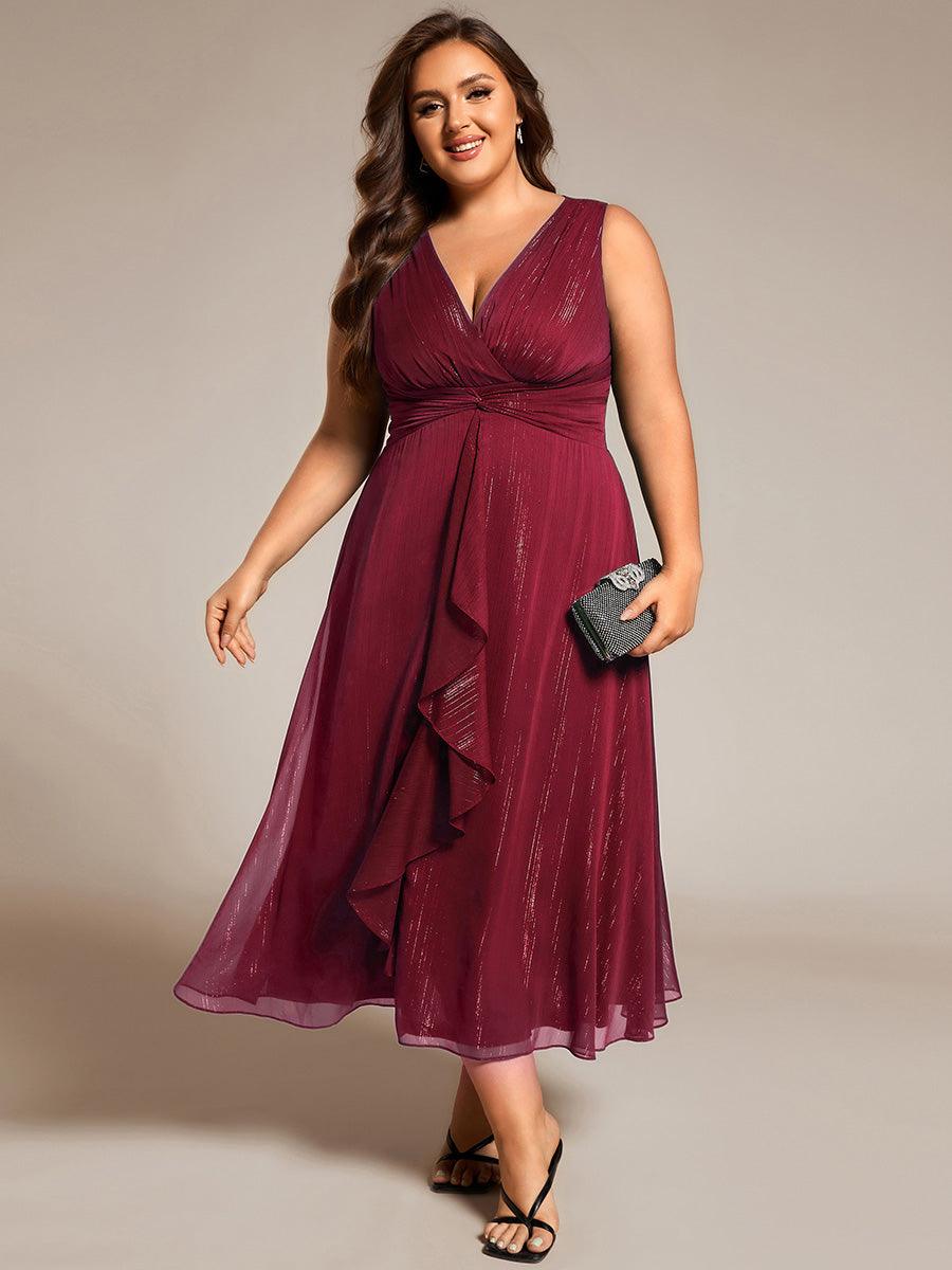 Robe d'invité de mariage scintillante sans manches avec nœud torsadé et ligne de feuille de lotus #Couleur_Bordeaux