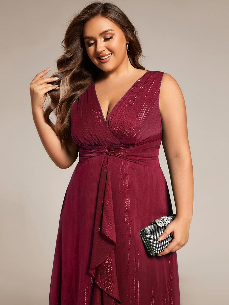 Robe d'invité de mariage scintillante sans manches avec nœud torsadé et ligne de feuille de lotus #Couleur_Bordeaux
