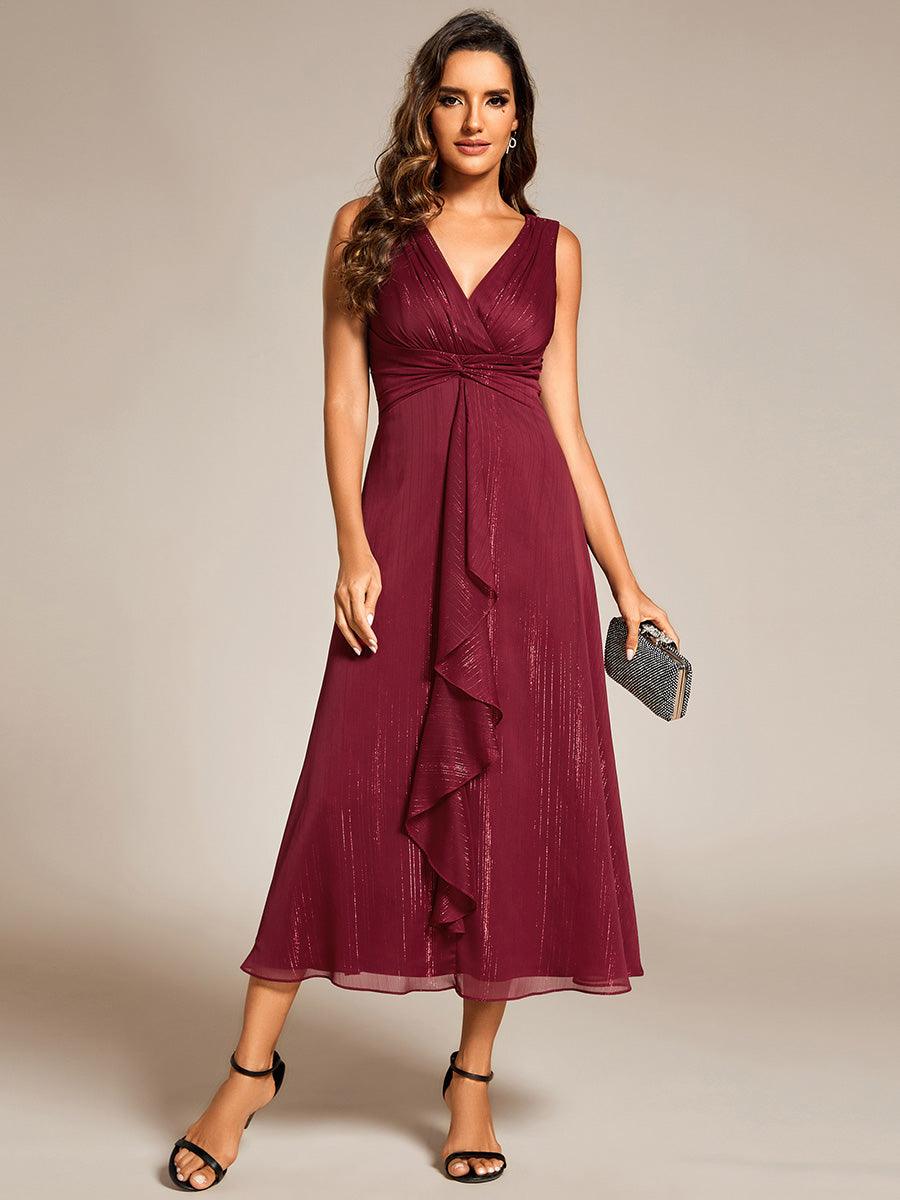 Robe d'invité de mariage scintillante sans manches avec nœud torsadé et ligne de feuille de lotus #Couleur_Bordeaux