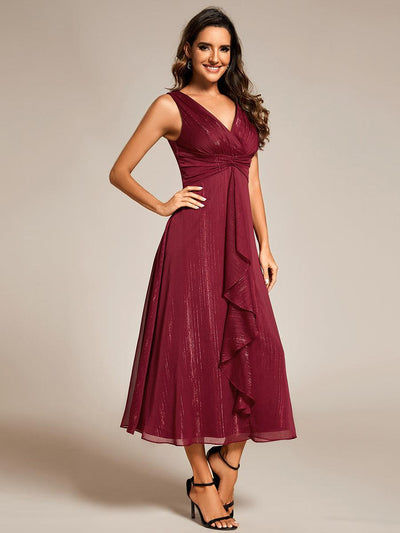 ever MEI|Robe d'invité de mariage scintillante sans manches avec nœud torsadé et ligne de feuille de lotus（(Vente finale)）