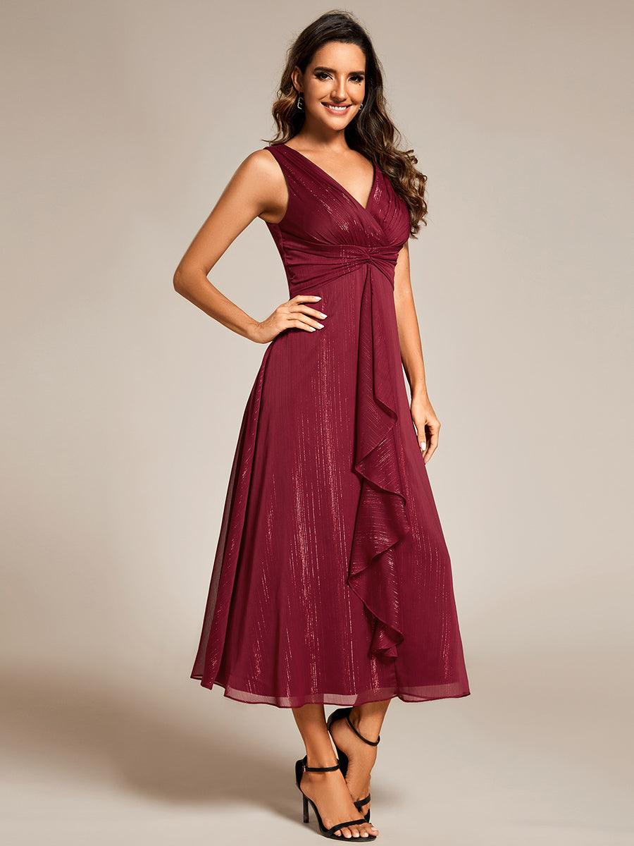 Robe d'invité de mariage scintillante sans manches avec nœud torsadé et ligne de feuille de lotus #Couleur_Bordeaux