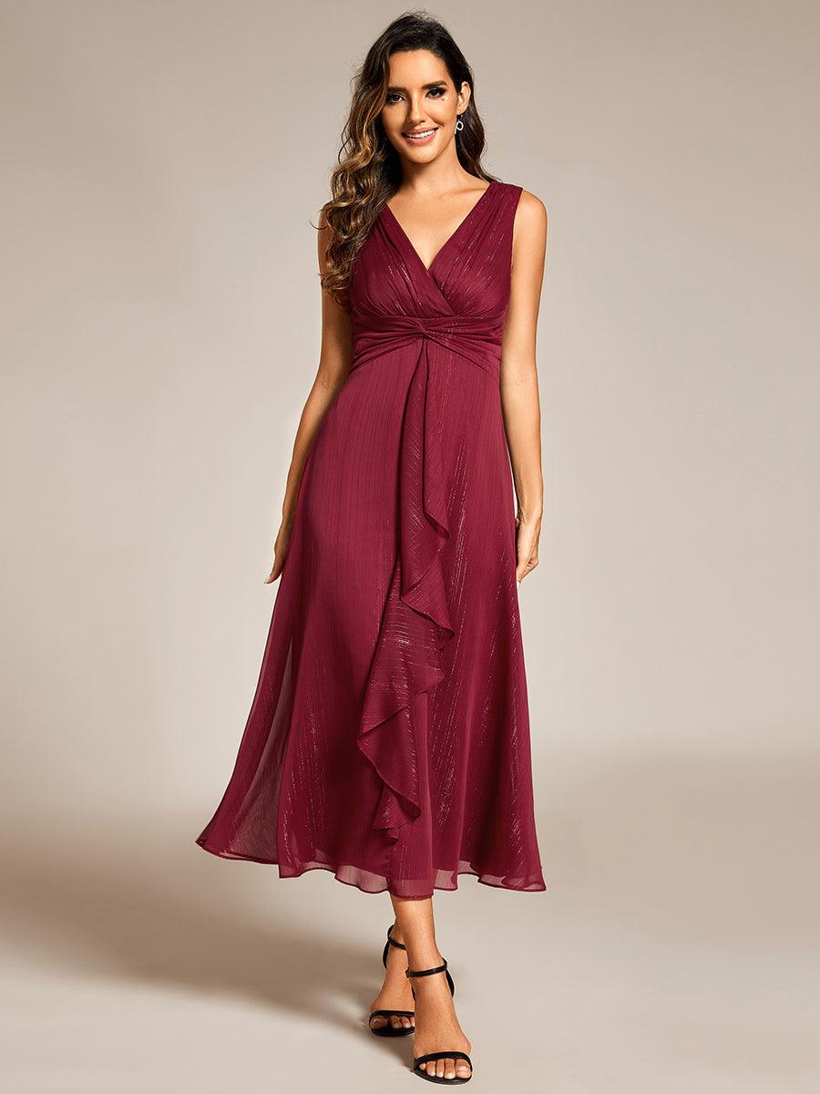 Robe d'invité de mariage scintillante sans manches avec nœud torsadé et ligne de feuille de lotus #Couleur_Bordeaux