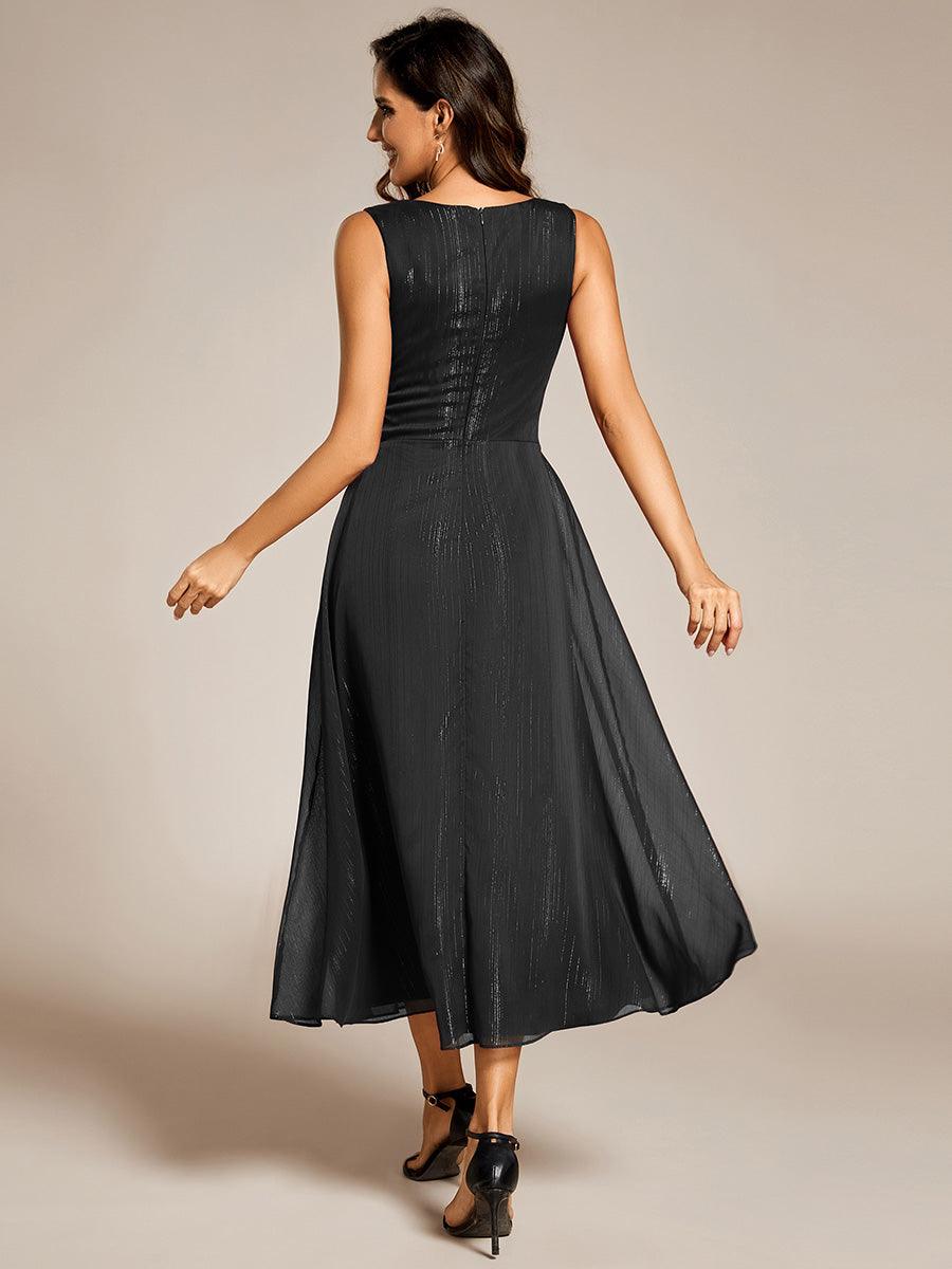 Robe d'invité de mariage scintillante sans manches avec nœud torsadé et ligne de feuille de lotus #Couleur_Noir