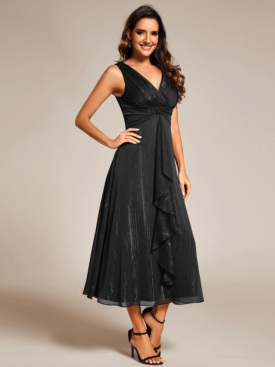 Robe d'invité de mariage scintillante sans manches avec nœud torsadé et ligne de feuille de lotus #Couleur_Noir