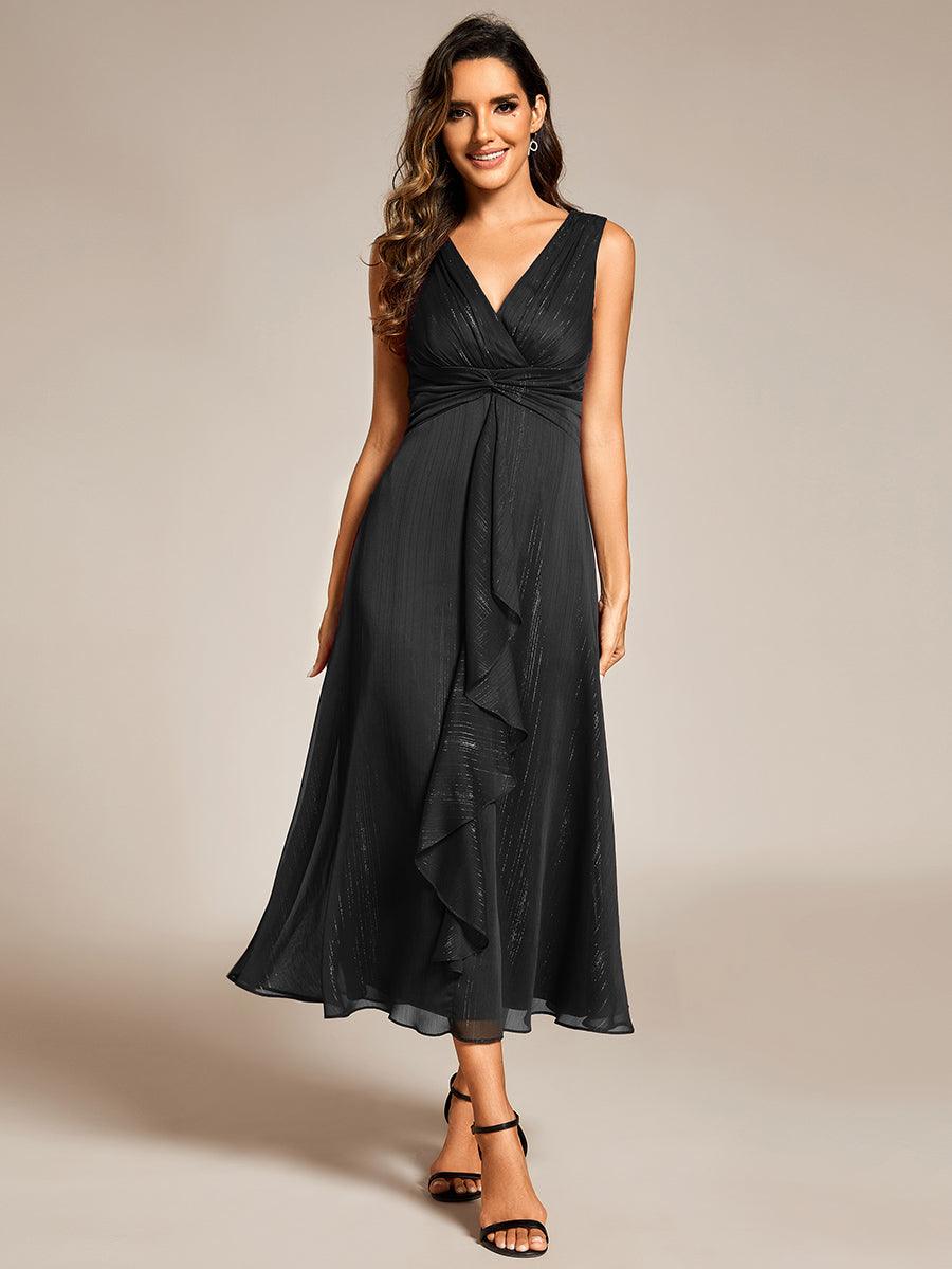 Robe d'invité de mariage scintillante sans manches avec nœud torsadé et ligne de feuille de lotus #Couleur_Noir