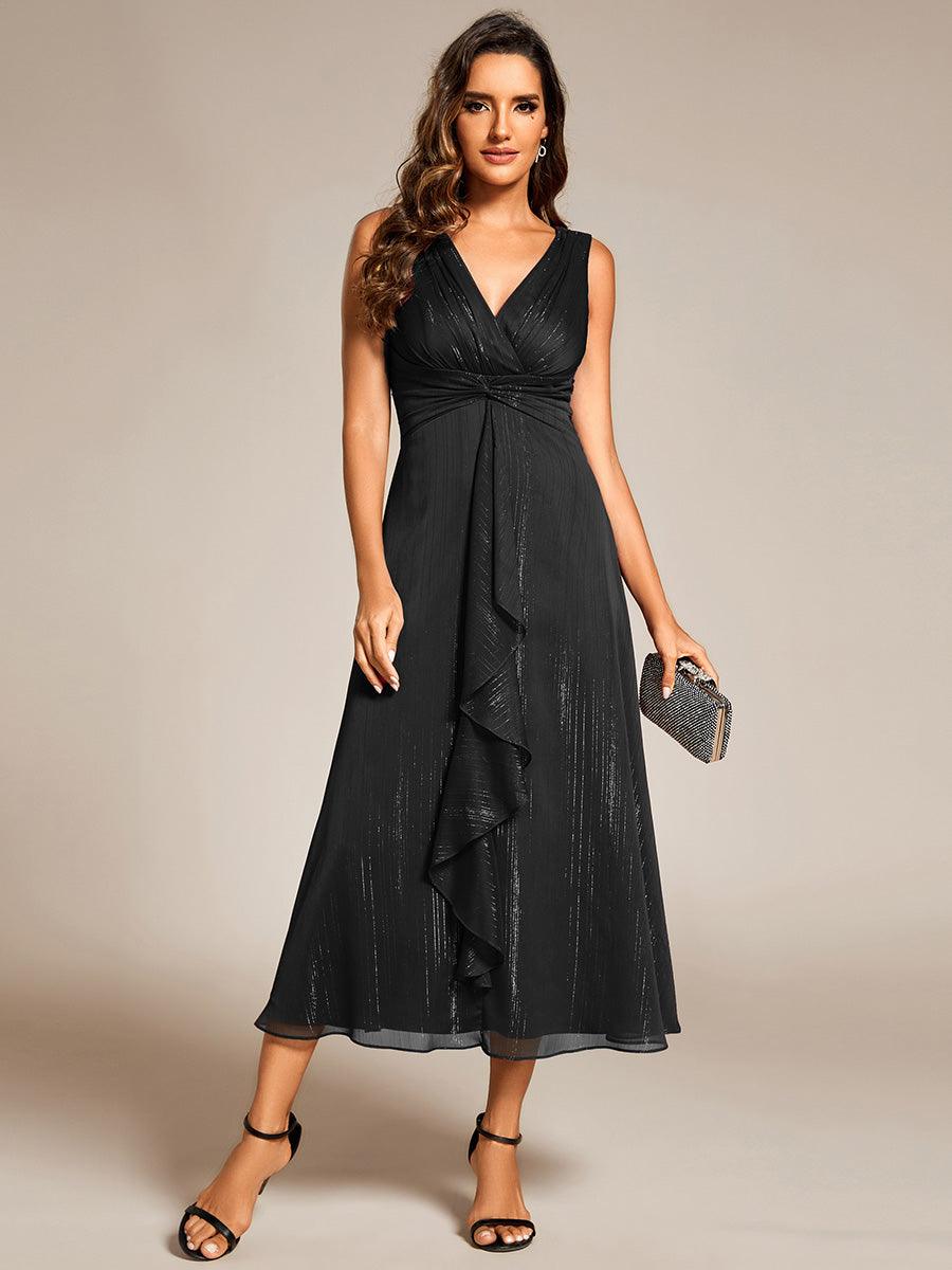 Robe d'invité de mariage scintillante sans manches avec nœud torsadé et ligne de feuille de lotus #Couleur_Noir