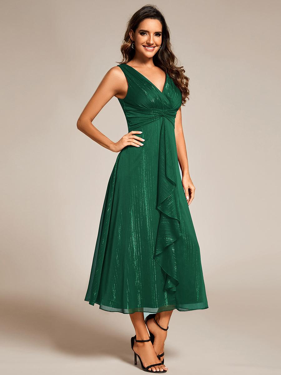 Robe d'invité de mariage scintillante sans manches avec nœud torsadé et ligne de feuille de lotus #Couleur_Vert Fonce