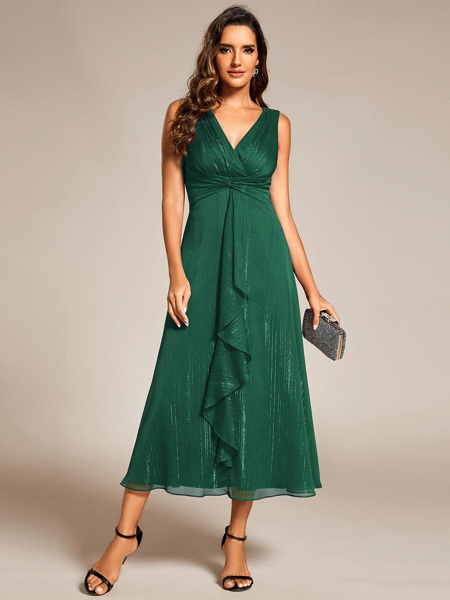 Robe d'invité de mariage scintillante sans manches avec nœud torsadé et ligne de feuille de lotus #Couleur_Vert Fonce