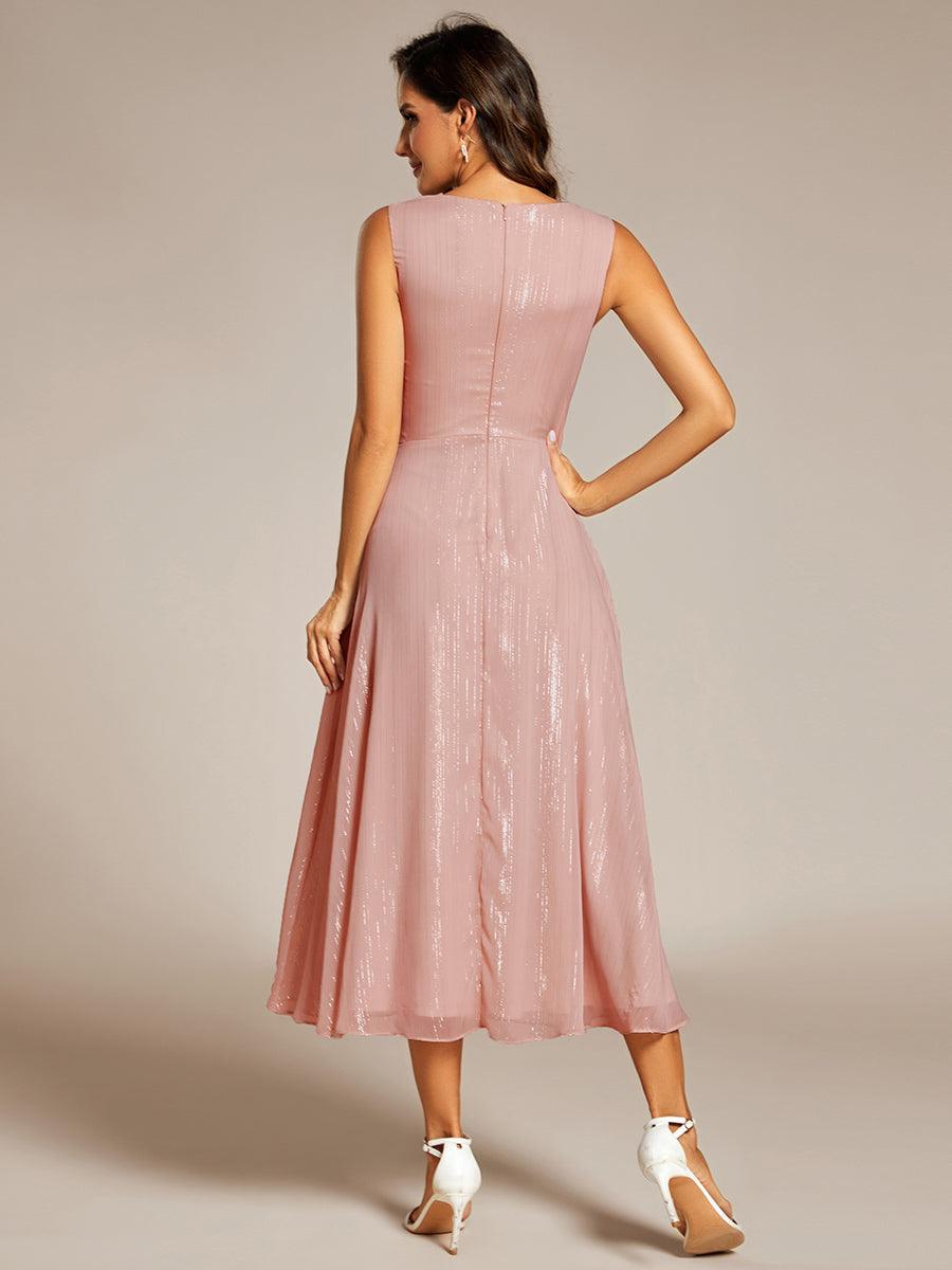 Robe d'invité de mariage scintillante sans manches avec nœud torsadé et ligne de feuille de lotus #Couleur_Rose fumee