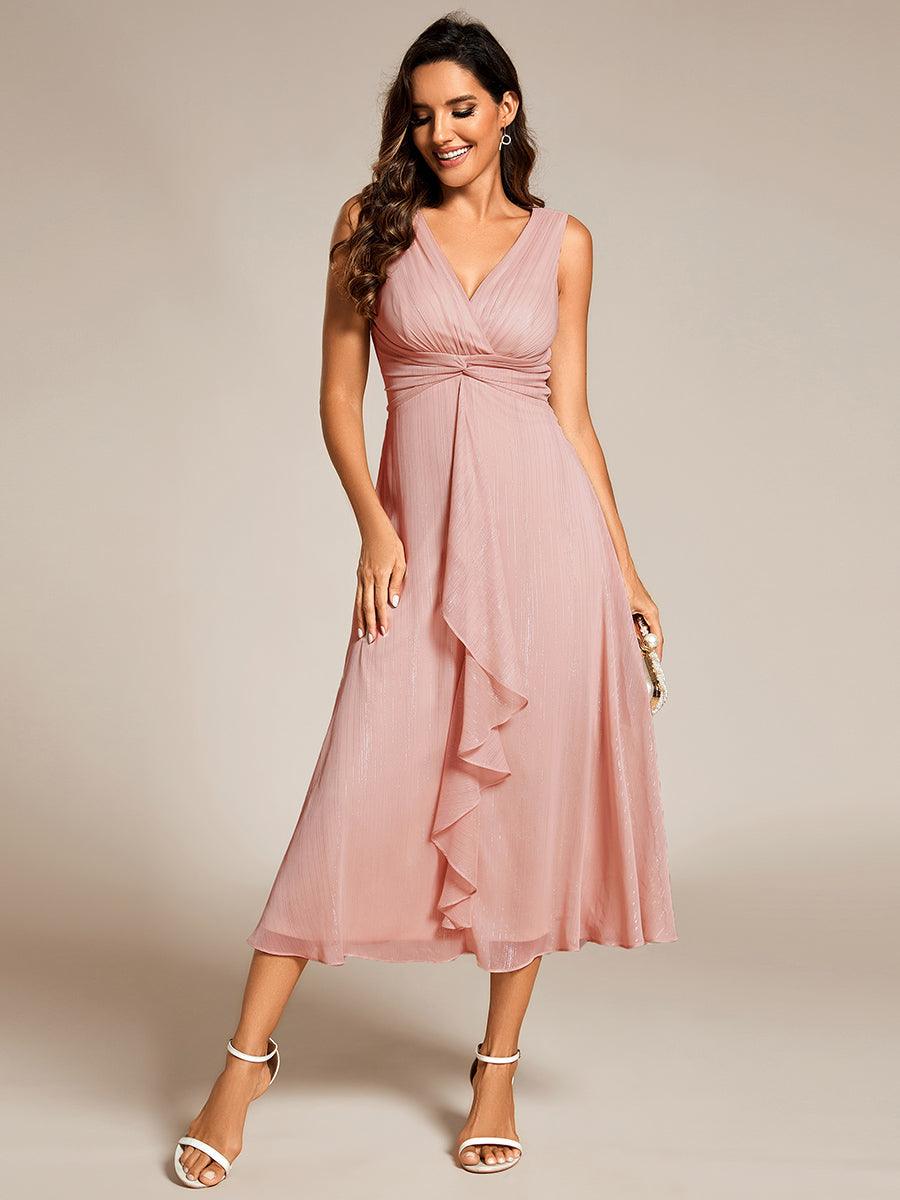 Robe d'invité de mariage scintillante sans manches avec nœud torsadé et ligne de feuille de lotus #Couleur_Rose fumee