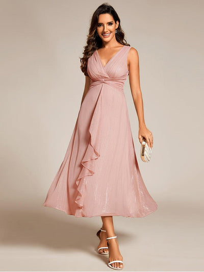 ever MEI|Robe d'invité de mariage scintillante sans manches avec nœud torsadé et ligne de feuille de lotus（(Vente finale)）
