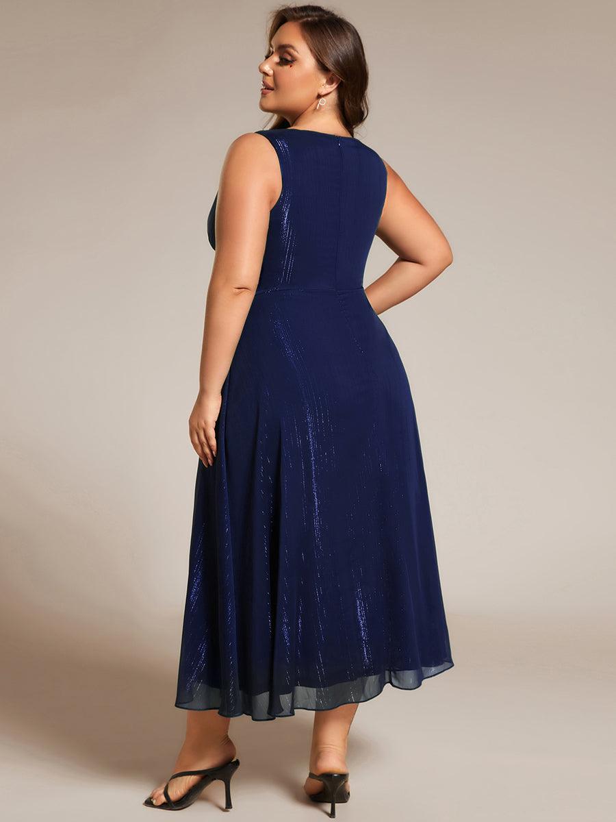 Robe d'invité de mariage scintillante sans manches avec nœud torsadé et ligne de feuille de lotus #Couleur_Bleu Marine