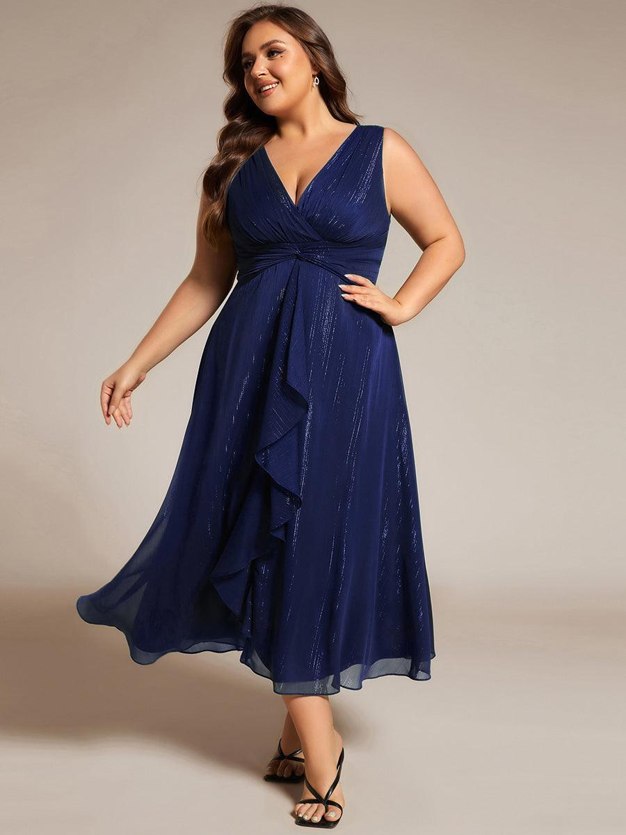 Robe d'invité de mariage scintillante sans manches avec nœud torsadé et ligne de feuille de lotus #Couleur_Bleu Marine