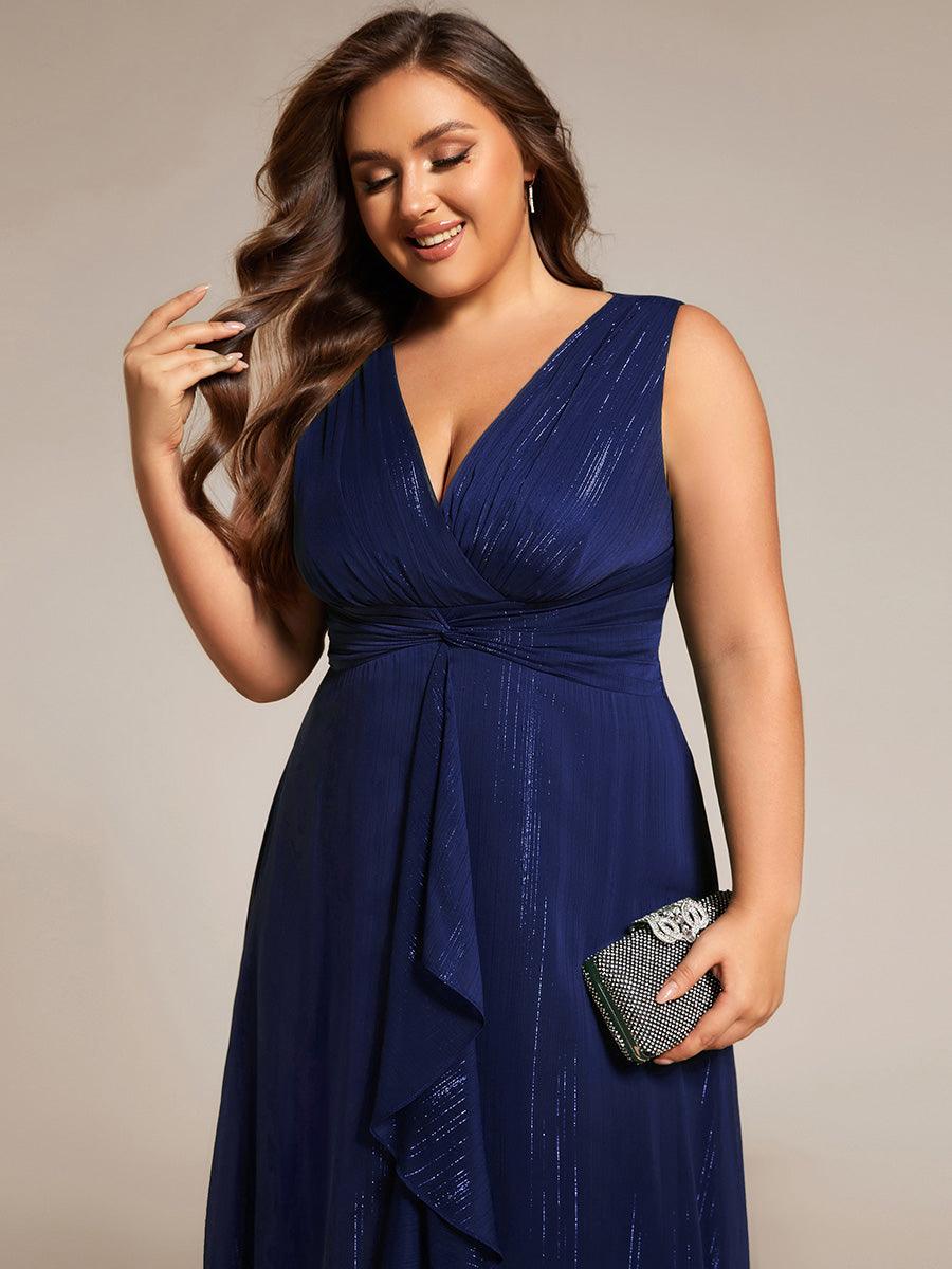 Robe d'invité de mariage scintillante sans manches avec nœud torsadé et ligne de feuille de lotus #Couleur_Bleu Marine