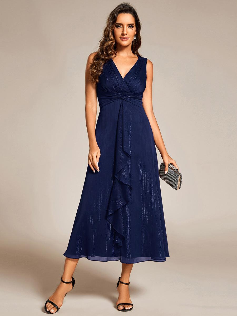 Robe d'invité de mariage scintillante sans manches avec nœud torsadé et ligne de feuille de lotus #Couleur_Bleu Marine
