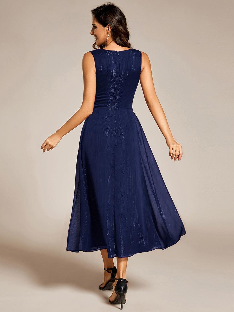 Robe d'invité de mariage scintillante sans manches avec nœud torsadé et ligne de feuille de lotus #Couleur_Bleu Marine