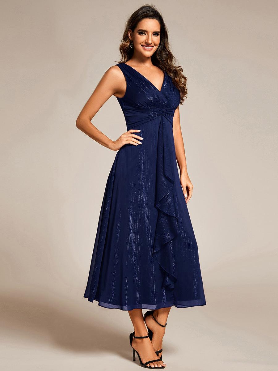 Robe d'invité de mariage scintillante sans manches avec nœud torsadé et ligne de feuille de lotus #Couleur_Bleu Marine