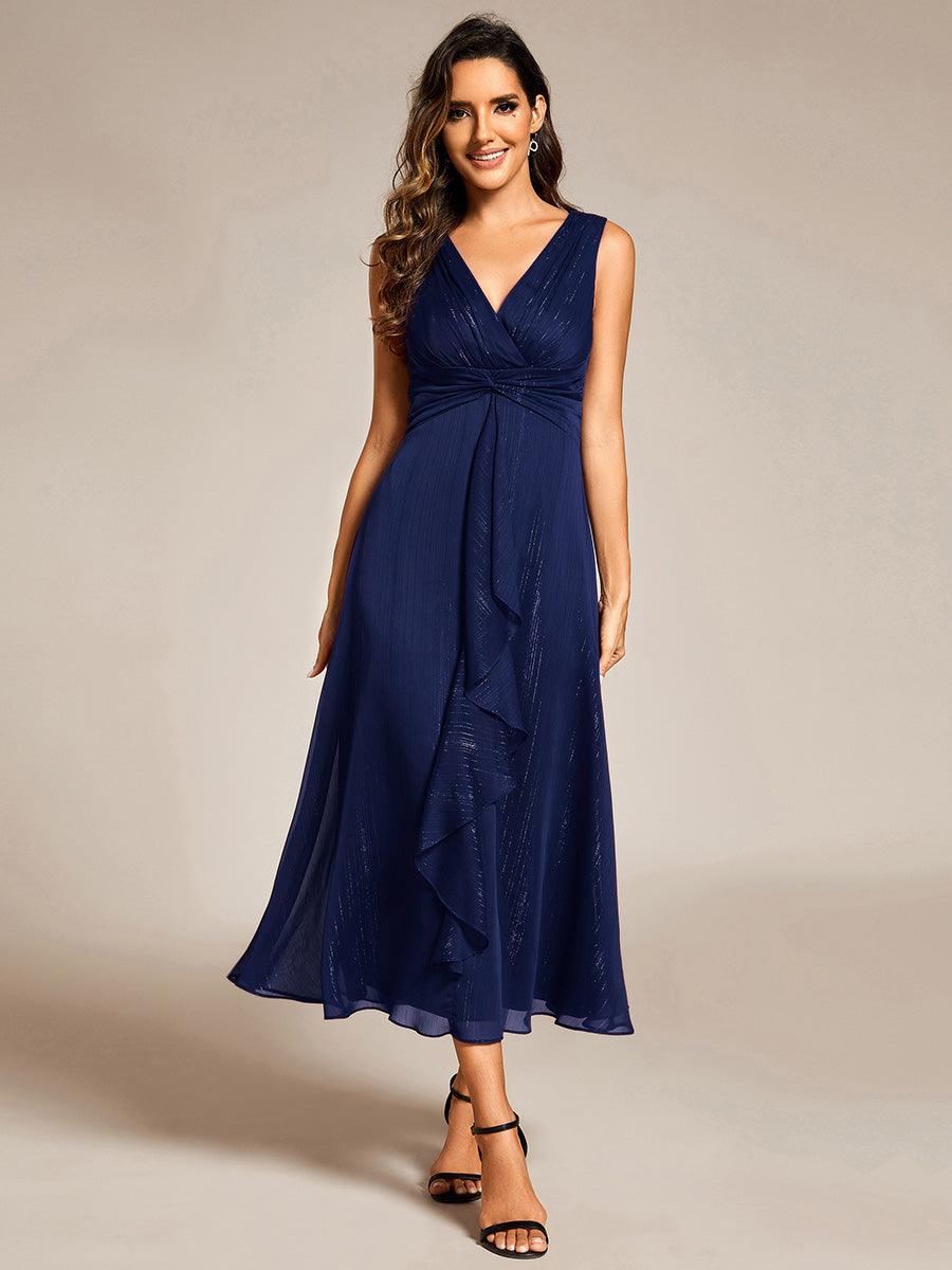 Robe d'invité de mariage scintillante sans manches avec nœud torsadé et ligne de feuille de lotus #Couleur_Bleu Marine