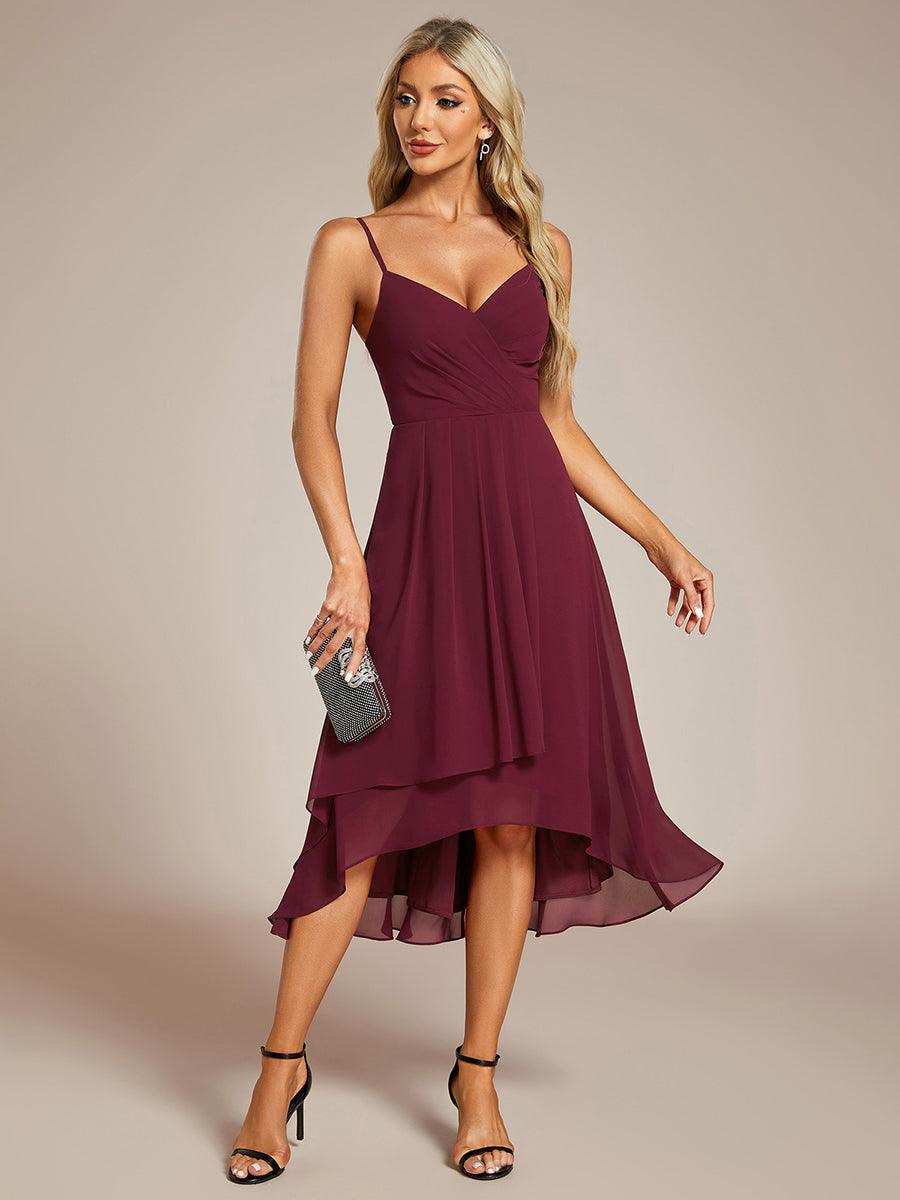 Robe d'invité de mariage élégante en mousseline de soie col en V bretelles spaghetti haut-bas #Couleur_Bordeaux