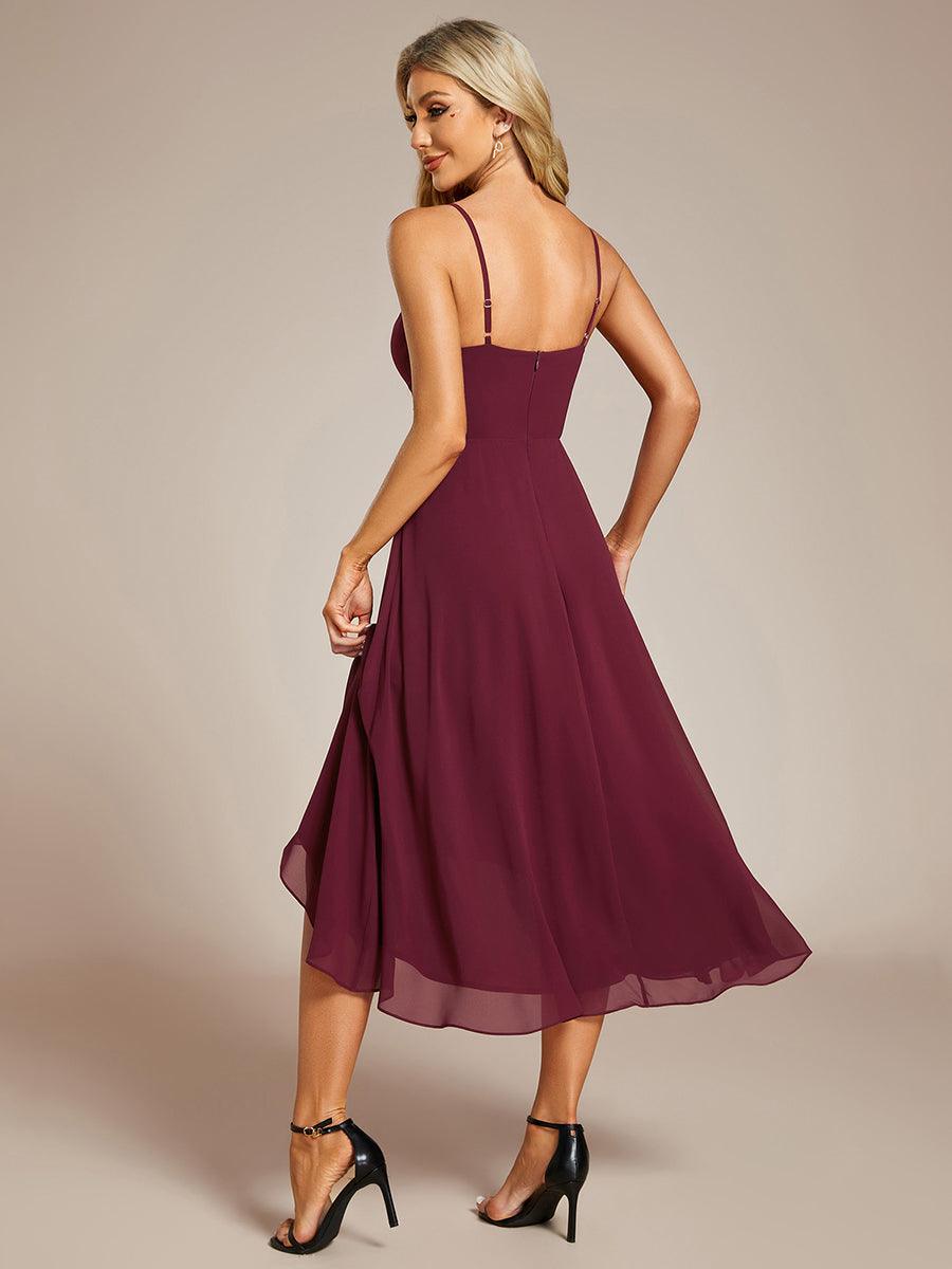 Robe d'invité de mariage élégante en mousseline de soie col en V bretelles spaghetti haut-bas #Couleur_Bordeaux