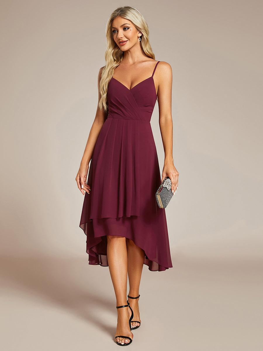 Robe d'invité de mariage élégante en mousseline de soie col en V bretelles spaghetti haut-bas #Couleur_Bordeaux